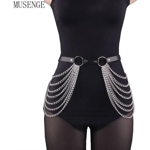 Goth Punk Body Chain Belt Women Black Leather Waist Belt with Chain Tassel Adjustable Sexy Harness Belt Club Party Accessoriess