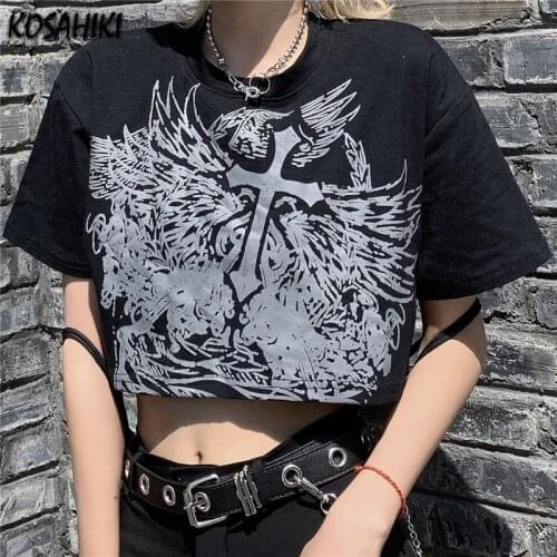 KOSAHIKI Goth Print Harajuku Female Crop Top Women T-shirts Summer 2021 T Shirt HipHop Girls Streetwear Cropped Tops Y2k Tee