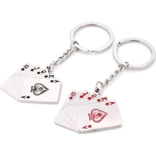 Hot Sale 32mm Ring Creative Gift Straight Flush Poker Keychain Poker Keyring,39x30x3mm poker Pendant