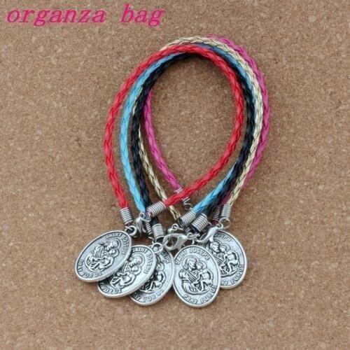 50pcs Leather Bracelet Tibetan Silver " SAINT JOSEPH PRAY FOR US" Zinc Alloy Religion Charms Pendants Bracelet 5 Color B-439