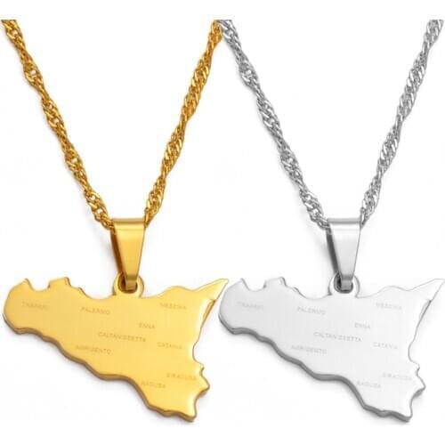 Anniyo Italy Sicily Map With City Name Pendant Necklaces,Silver Color/Gold Color Italian Sicilia Jewelry Gifts #038321