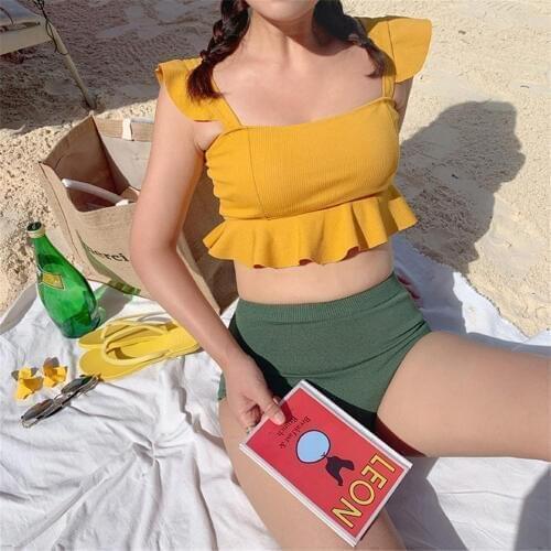 High Waist Bikini Women Solid Swimwear Korea Style Swimsuit Ruffle Biquini Crop Top Bikinis Push Up Bathing Suit Yellow Padded