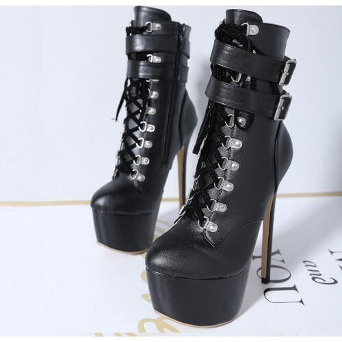 16cm Heel Punk Boots Sexy High Heels Platform Ankle Boots For Women Black Round Toe Motorcycle boots Lace Up Ladies Shoes