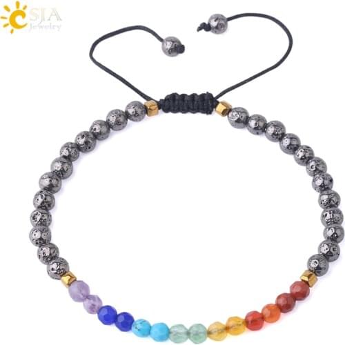 CSJA 5mm Faceted Tiny Beads Lava Electroplate Bracelet 7 Chakra Natural Stone Adjustable Rope Chain for Women Men Bracelets F818