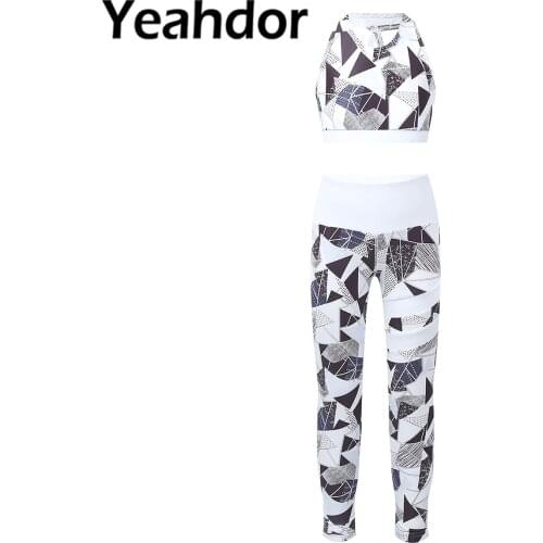 Kids Girls Ballet Dance Set Yoga Running Workout Sport Suits Sportwear Printed Sleeveless Crop Tank Top with High Waist Leggings