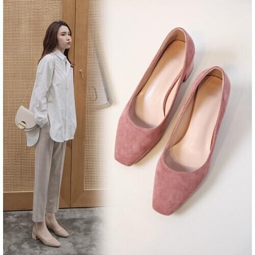Quality Office Lady Women Pumps Suede Leather Casual Square Low Heels Office work shoes Shallow Solid Elegant Ladies Shoes 2021