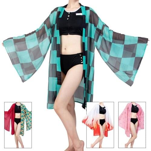 Demon Slayer Cosplay Kimetsu No Yaiba Kamado Tanjirou Cosplay Two Piece V Neck Bathing Suit Swimsuit with Sheer Kimono Cardigan