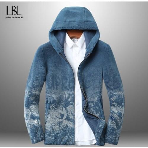 Mens Casual Streetwear Hooded Print Zipper Jackets Coats Male Fashion Harajuku Cotton Fleece Jackets Outwear Autumn Winter Warm