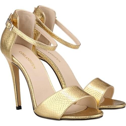 LOSLANDIFEN Fashion Open Toe High Heels Ladies Crocodile Summer Women Pumps Shoes Casual Leather 102-2XEY