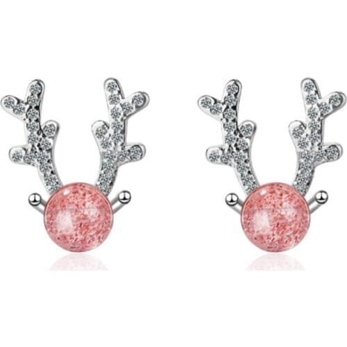 Small fresh and pure sweet cute wild pink natural crystal elk antler female models silver plated stud earrings WE094