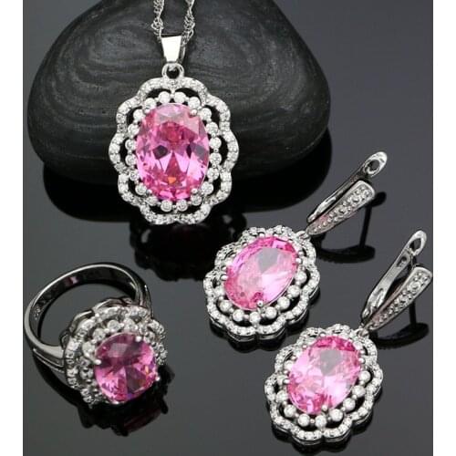 925 Silver Bridal Jewelry Sets For Women Pink Cubic Zirconia White Crystal Drop Earrings Pendant Ring Necklace Sets