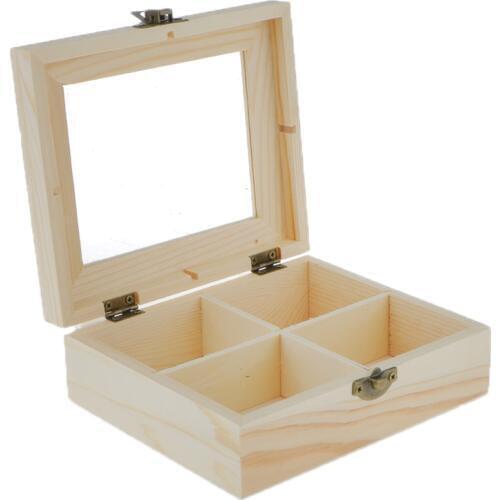 Natural 4 Slot Unfinished Plain Wood Jewelry Storage Box Glass Lid For Kids