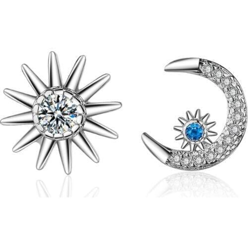 New Star Moon Zircon Asymmetry Stud Earrings For Women Trend Creative 925 Sterling Silver Party Gift Jewelry Accessories SAE376