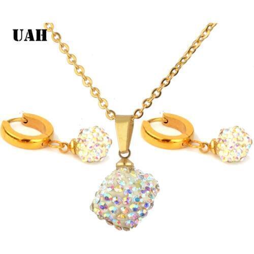 UAH Luxury Wedding Bridal Jewelry Sets for Brides Women Necklace Earring Set Square Crystal Stainless Steel Jewelry