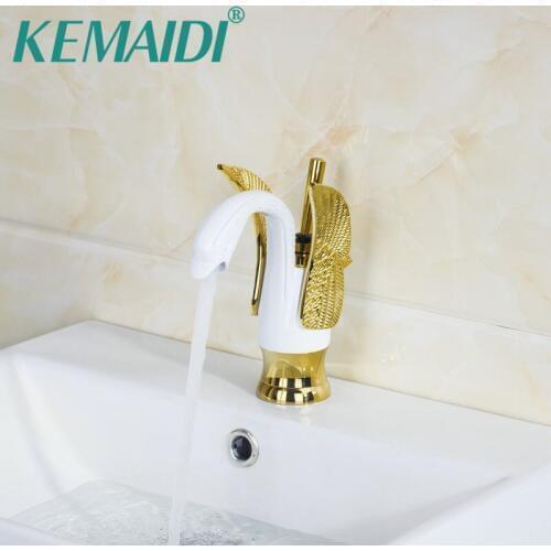 KEMAIDI Bathroom Sink Faucet Swan Design Polished Chrome And White Painting Basin Faucets Deck Mounted Tap Mixer Single Lever
