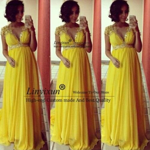 Sexy Yellow Baby Shower Prom Dresses New V-Neck Pregnant Women Long Formal Evening Party Gown Chiffon Appliques Beaded Prom Gown