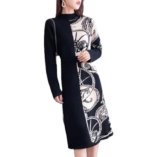 2021 Autumn Spring Long Sweaters for Women Patchwork Printing Female Pullovers Slim o Neck Casual Knitted Jumpers Ladies Clothes