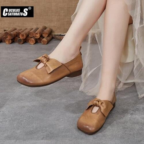 Cuculus Genuine Leather Flats Women Square head Slip On Flat Shoes Woman Soft Heel Ballerina Flats Sweet Bow Lady Loafers Shoes