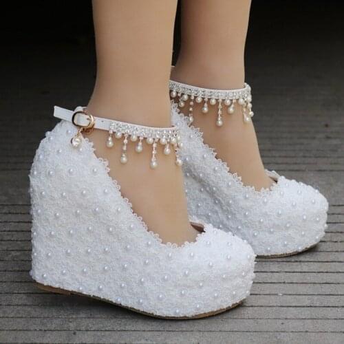 Sexy Pumps Wedding Women Fetish Shoes women pumps Party banquet Lace PU Rhinestones Buckle Strap 10.8CM Wedges High Heels Beaded