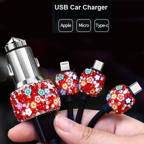 Universal Fast Charger Flower Rhinestone Dual USB Car Charger LED Display Cigarette Socket Lighter for iPhone Xiaomi Samsung