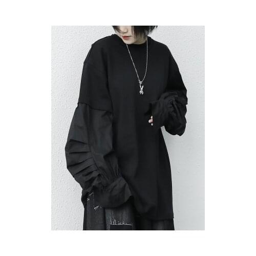 Spring new black round-necked foam sleeve stitching t-shirt small design loose slim long sleeve blouse