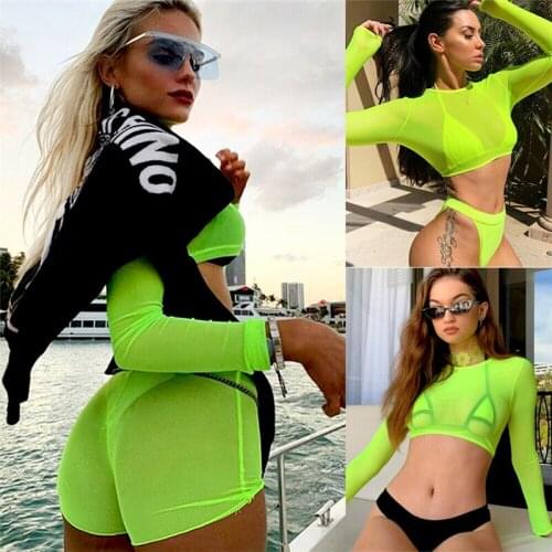 Bright Green Crop Top Sheer Mesh Long Sleeve Tank Top Women Camisole O Neck See Through Femme Tops Cropped Sexy Shirt Female S-L