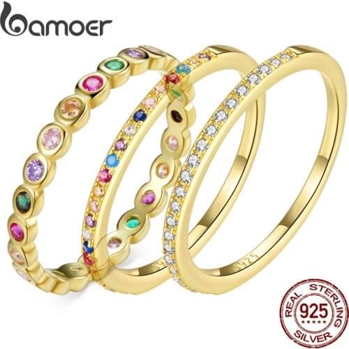 Bamoer Spanish Style 925 Sterling Silver Rainbow Ring Gold Color Multiple Zircon Finger Ring for Women Fashion Jewelry SCR714