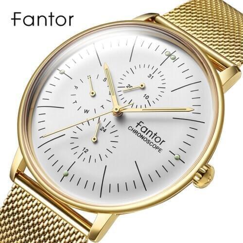 Fantor Mens Luxury Brand Man Quartz Chronograph Waterproof Gold Strap Men Watches relogio masculino