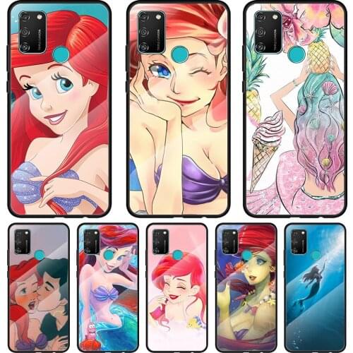 Ariel Mermaid Princess Tempered Glass Cover For Honor 30 20 10 9X 8X Pro Plus Lite Silicone Phone Case Coque