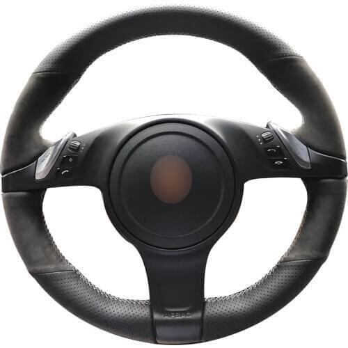 Black Natural Leather Black Suede Car Steering Wheel Cover for Porsche Cayenne Panamera 2010 2011