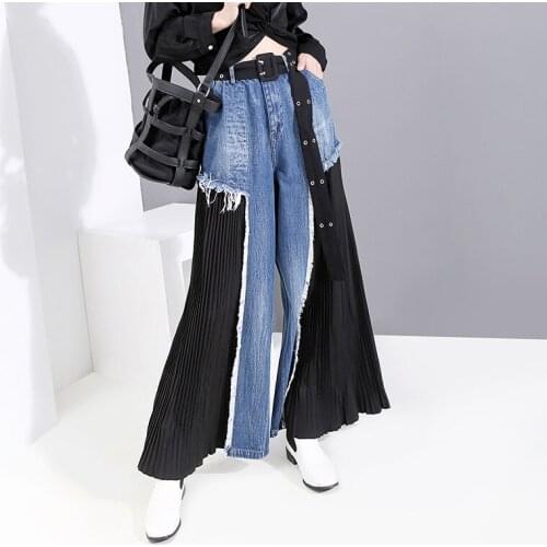 Ins womens summer new versatile casual denim pants loose stitching pleated straight pants 5435