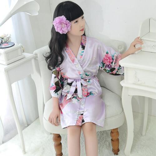 Girl kimono robe elegant light purple floral peacock stain robes children sleepwear bridesmaid flower girl dressing gown wedding
