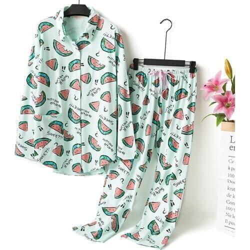 Comfortable Cotton Sleepwear Shirt+Pants 2pcs Pajamas Set Women Casual Fruit Print Loose Nightgown Suits Spring Autumn Homewear