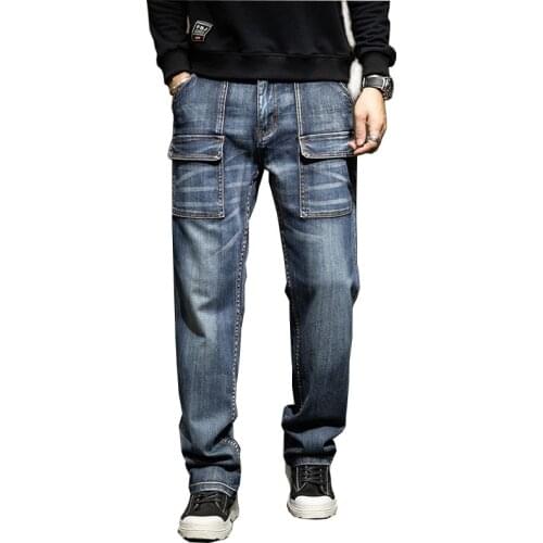 Mcikkny Mens Cargo Casual Jeans Vintage Straight Loose Denim Trousers For Male Pants Plus Size 29-44 Multi Pockets