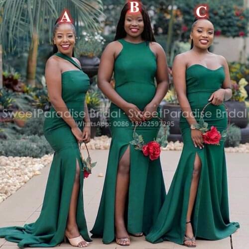 Fashion Dark Green Mermaid Bridesmaid Dresses With Side Split Long Sleeveless African Women Bridal Party Dress Maid Of Honor