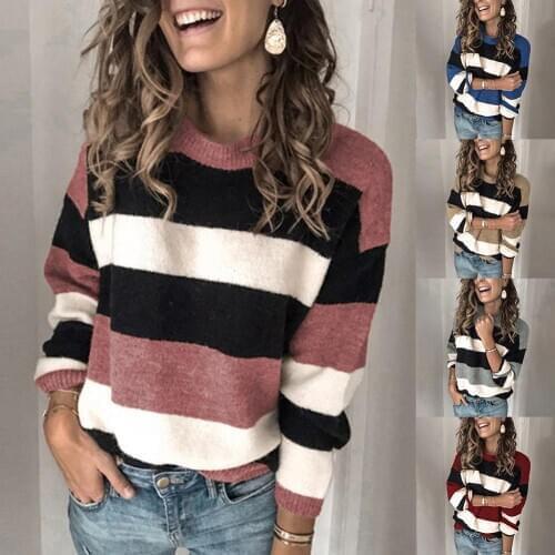 Fashion Women Casual Long Sleeve Pullover O Neck Color Block Womens Long Sleeve Pullover Top Knitted Loose Plus Size Sweater