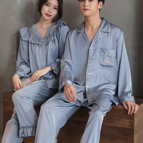 Sexy Couple Gradient Printed Pajamas Set Spring Lovers Men Women Long Sleeve Pants Sleepwear Satin Homewear Nightwear