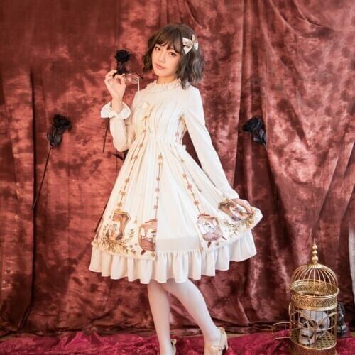 Palace princess sweet lolita dress vintage lace bowknot high collar flare sleeve printing victorian dress kawaii girl loli cos