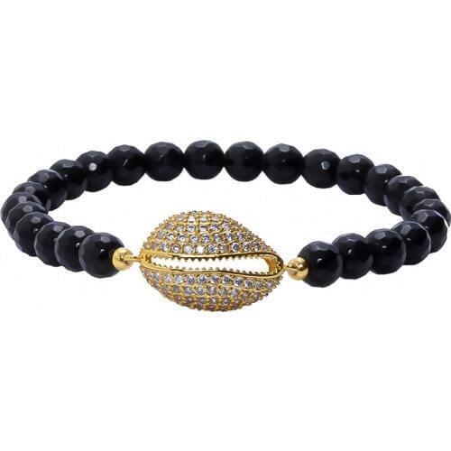 Luxury Design Full CZ Pave Setting Shell Shape Charm With Angular Onyx Stones Watch Accessories Bracelet Unisex Couple Jewelry