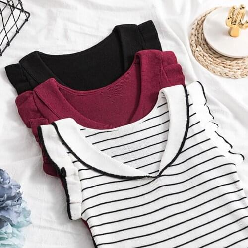 Spring Summer Knitted Womens Tank Tops Luxury Stripe V Collar Falbala Sleeveless Woman Vests High Quality Slim Fit Lady Vests