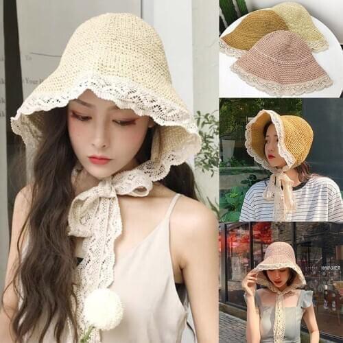 Princess Hat Womens Summer Princess Straw Lace Strap Sun Cap Bucket Hat Outdoor Sunscreen Travel Lace Chapeau Sun Prevent Hats