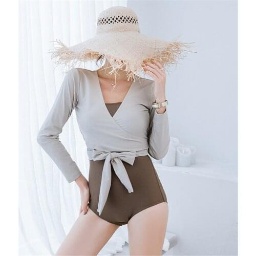 Long Sleeve One Piece Swimsuit Women Solid Swimwear Push Up Monokini Bandage Swim Suit Korea Style Trikini Two Sets Bathing Suit