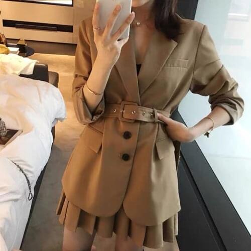 High Quality Autumn Casual Two Piece Set Women Single Breasted Sashes Blazer Coat + Pleated Skirt Set Korean OL 2 Piece Set