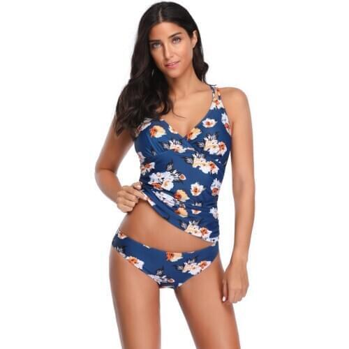 Women Two Pieces Suits Girls Retro Floral Print Swimsuit Bathing Suit Female Tankini with Low Waist Pants Padded Swimwear