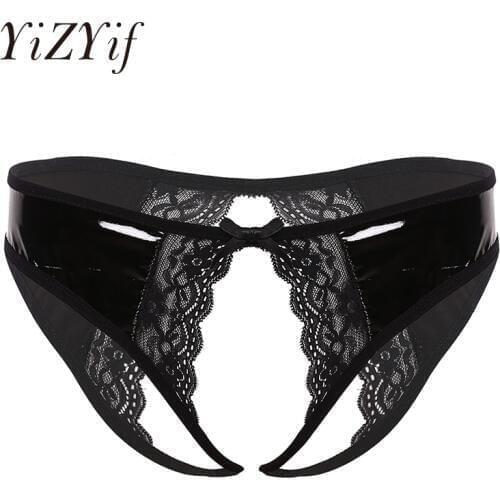 Women Sexy Panties Wet Look Patent Leather Briefs Underwear Low Ris Crotchless Erotic Underwear Underpants Lace Edge Sexy Briefs