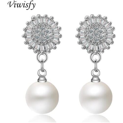 Viwisfy Crystal Pearl Studs Round Flower Jewelry Wedding Gift Real 925 Sterling Silver Earrings For Women VW21064