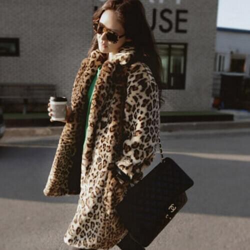 Women Long Line Faux Fur Leopard Trench Coat In Soft Touch 2020 Woman Winter Fluffy Midi Jacket