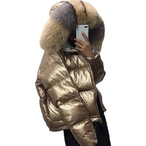 Winter Down Jacket Female New Waist Double-sided Wear Shiny Real Fox Fur Fur Collar Women Short White Duck Down Jacket Parker