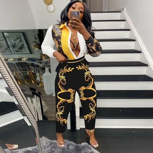 Art Print Streetwear Two Piece Matching Set Womens Suit Turn Down Collar Long Sleeve Blouse+baggy Trouser Vintage Y2K Clothes