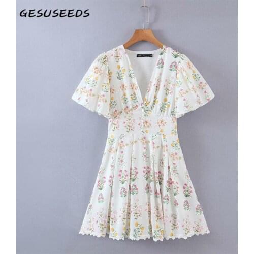 Summer dress women korean v neck dresses short sleeve mini dress white vintage embroidered dresses kawaii a line dress new 2021
